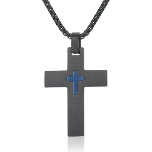 Minimalist black stainless steel necklace with blue layered double cross pendant