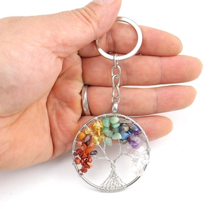Silver tree of life keychain with multicolor seven chakra natural crushed stone crystals