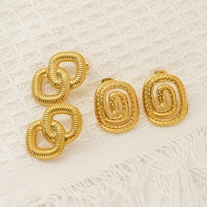 Elegant gold plated stainless steel interlocking hoop and textured oval stud earrings