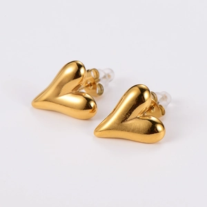 Minimalist gold heart-shaped stud earrings in stainless steel with a high-polished finish
