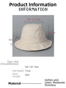 Size guide for linen bucket hat showing 54-57.5cm circumference and 6cm brim length