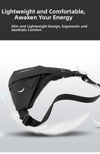 Detail of slim water-resistant black crossbody bag with adjustable strap and earphone port