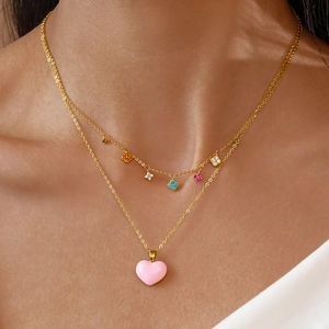 Chic layered necklace with tiny colorful flowers and a glossy pink heart pendant for women