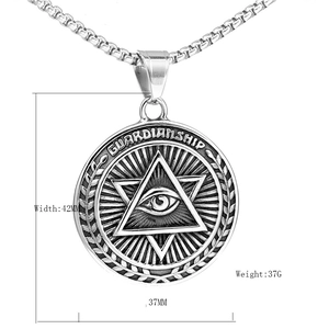 Vintage stainless steel Freemason Eye of Providence pendant necklace with Guardianship engraving