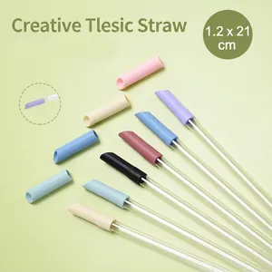 Reusable Drinking Straw Set Large Diameter For Boba Tritan Silicone Detachable With Cleaning Brush Drinkware