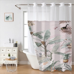 Tropical rainforest print shower curtain with botanical palm leaves and exotic bird design