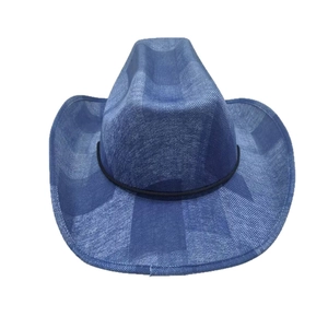 Blue western cowboy hat with star patterns and curved brim on white background