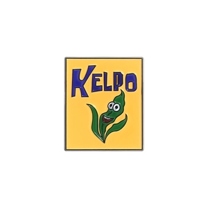Cartoon Kelpo enamel pin with yellow background and seaweed badge for jackets