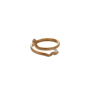 Adjustable golden stainless steel snake ring with realistic scale texture on white background