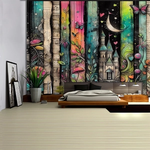 Detail of fairytale wall tapestry featuring castle motifs and vibrant floral patterns