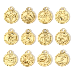 Zodiac Signs Round Disc Pendant Stainless Steel Rhinestone 14K Gold Plated Astrological Horoscope DIY Jewelry Accessory