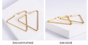 Detalle de pendientes de aro triangulares bañados en oro de 18K con cierre