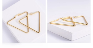 Detail of 18K gold-plated triangular hoop earrings with secure clasp closure