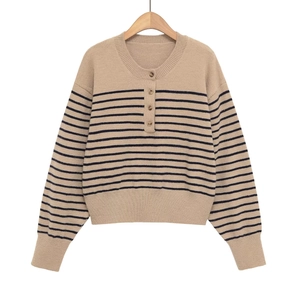 Women Striped Knit Sweater Pullover Long Sleeve Round Neck Button Placket Acrylic Casual Ribbed Trim Tops