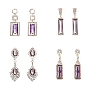 Boucles Oreilles Pendantes Géométriques Pierre Synthétique Violette Alliage Cuivre Zinc Style Vintage Luxe Femmes