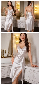 Detailed view of champagne satin nightgown with lace V-neckline and side slit detail