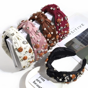 Knotted Wide Headband With Faux Artificial Pearl Rhinestone And Mini Basketball Charms Retro Satin Hair Hoop For Women