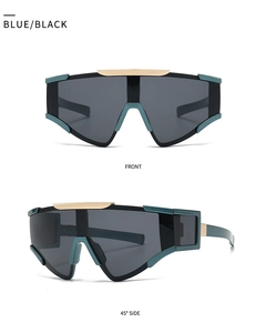 Front and 45-degree side views of oversized retro sunglasses in blue and black finish