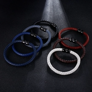 Braided leather bracelets for men with magnetic metal clasps in six assorted colors