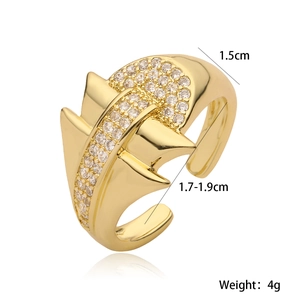 Detailed view of 18K gold plated ring with geometric zircon inlay and dimensions