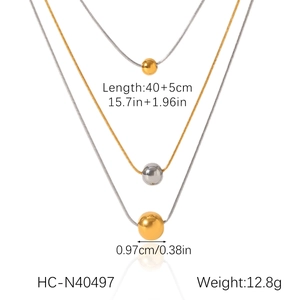 Detail view of double-layer stainless steel necklace with size and weight dimensions