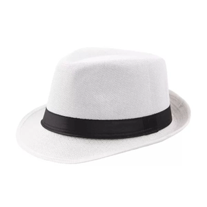 Detail view of a white woven fedora hat with a contrasting black satin decorative band
