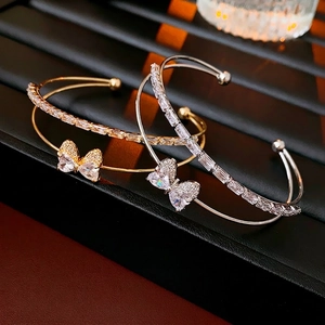 Zircon Heart Butterfly Bowknot Double Layer Open Cuff Bangle Copper Jewelry Luxury Minimalist Bracelet For Women
