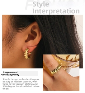 Detail of gold-plated stud texture earrings and ring with mirror-polished finish