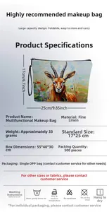 Trousse à maquillage en lin avec motif antilope et détails de dimensions 17x25 cm