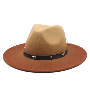 Two-tone wool felt jazz fedora with star rivets and wide brim in khaki and red