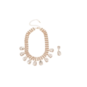 Elegant gold-tone jewelry set with multi-row rhinestones and teardrop pendants