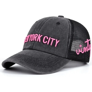 Vintage New York City foam print trucker hat with mesh back in dark grey and pink