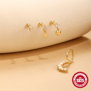 S925 sterling silver gold stud earrings set featuring opal stones and star heart charms