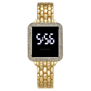 Elegant gold metal LED watch for women with rhinestone square dial and white light display