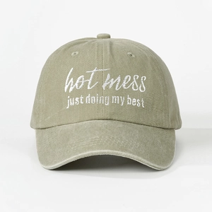 Vintage washed olive green baseball cap with hot mess just doing my best embroidery
