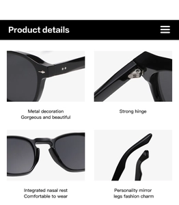 Detailed views of round black sunglasses with metal rivets, reinforced hinges and nose pads