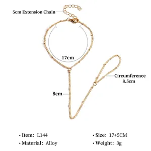 Bracelet bague délicat pour femme en alliage doré avec chaîne à billes réglable