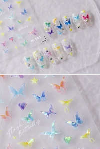 Macro detail of M-101 laser butterfly nail stickers with 3D iridescent finish effects