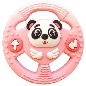 Pink steering wheel baby teether featuring a cute panda face and textured silicone surface