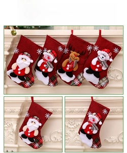 Linen Christmas stockings with 3D Santa, Snowman, Reindeer, and Bear on a fireplace