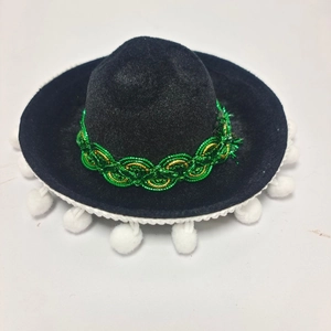 Mini black felt Mexican sombrero headband with green gold trim and white pom-poms