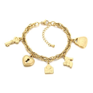Golden stainless steel charm bracelet with heart lock, key, and envelope pendants