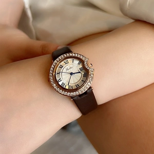 Elegant women quartz watch with rose gold diamond bezel and brown leather strap