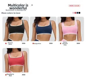 Detailed grid view of color-block yoga bras with contrasting white trims in four colors