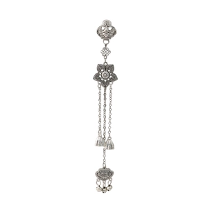 Close-up of vintage silver Chinese plum blossom brooch with long-life lock and bells