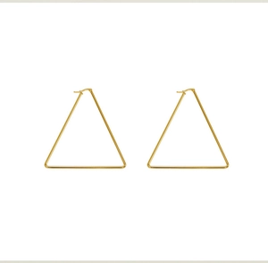 Macro detail of gold geometric triangle hoop earrings with secure clasp on white background