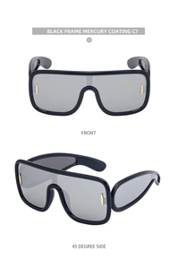 Detail view of black frame sunglasses with mercury coating and silver lenses