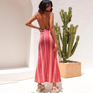 Women's backless halter maxi dress with red geometric stripes for beach vacation