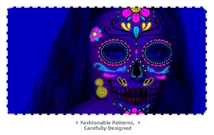 Detail of neon Day of the Dead face tattoo with floral and skull patterns for Halloween