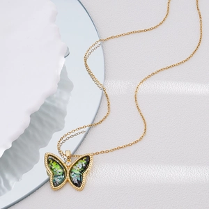 Elegant 18K gold plated copper necklace featuring a green gradient butterfly pendant